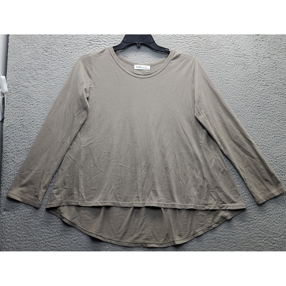 Amici By Baci Tunic Top Women L Brown Cotton Relaxed Fit Asymmetrical Hem